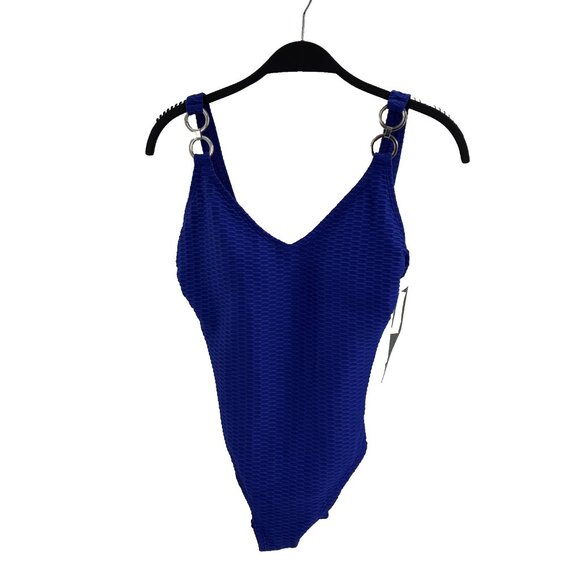 Aqua Green Womens S One Piece Swimsuit Blue Textured Ring Strap Bathing Suit - Picture 1 of 7